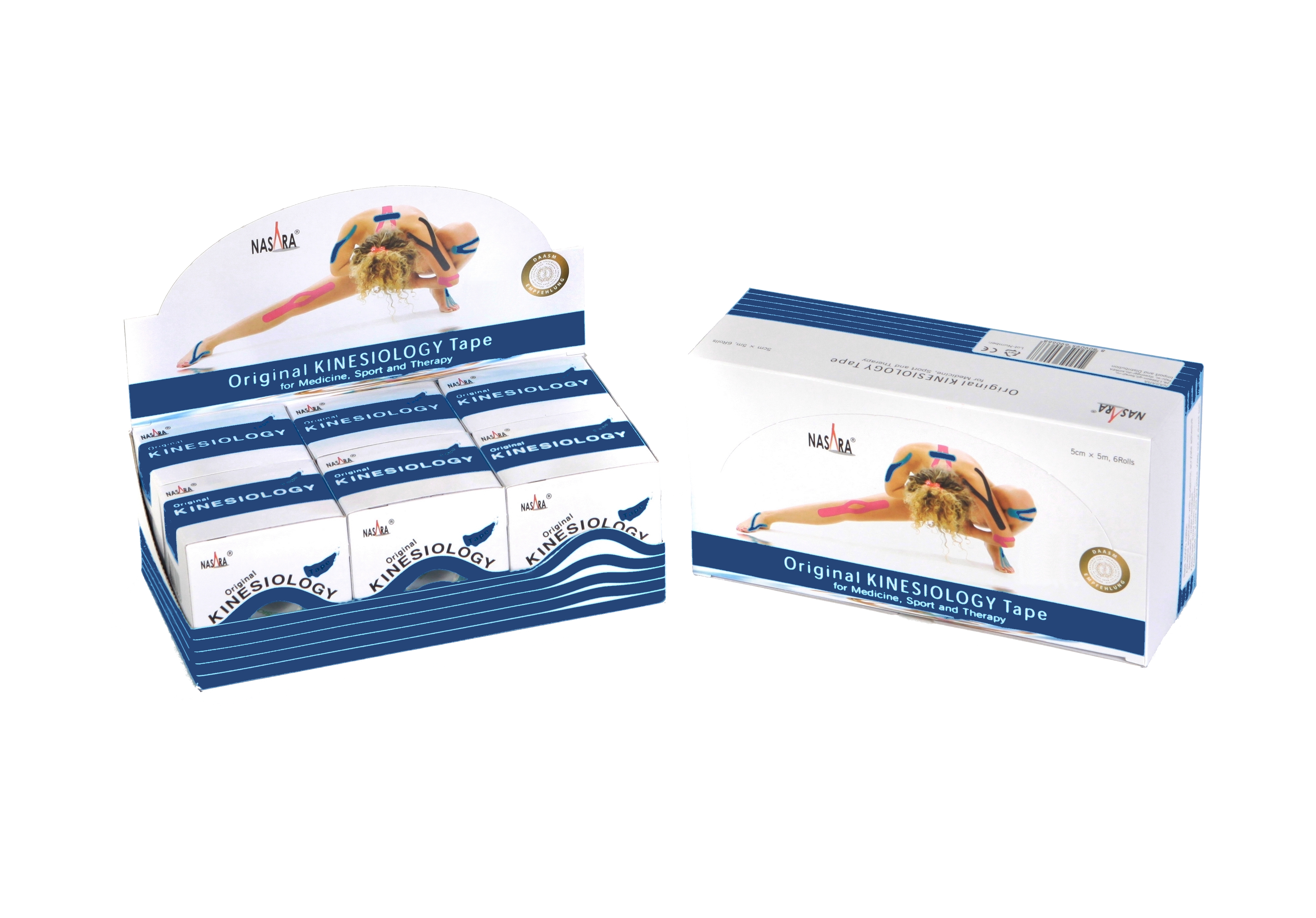 Nasara Kinesiologie Tape 6er Box Dunkelblau 2 Displayboxen nebeneinander