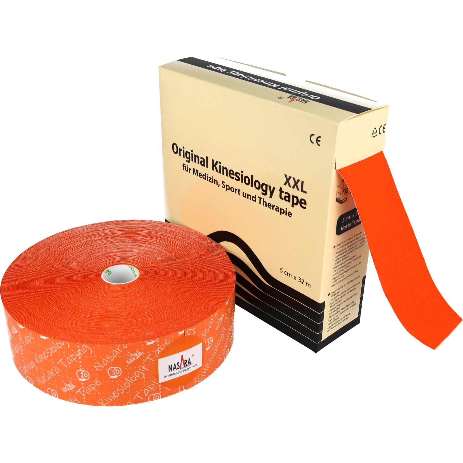 Nasara Kinesiologie Tape 32m Orange ausgepackte Rolle neben Verpackung