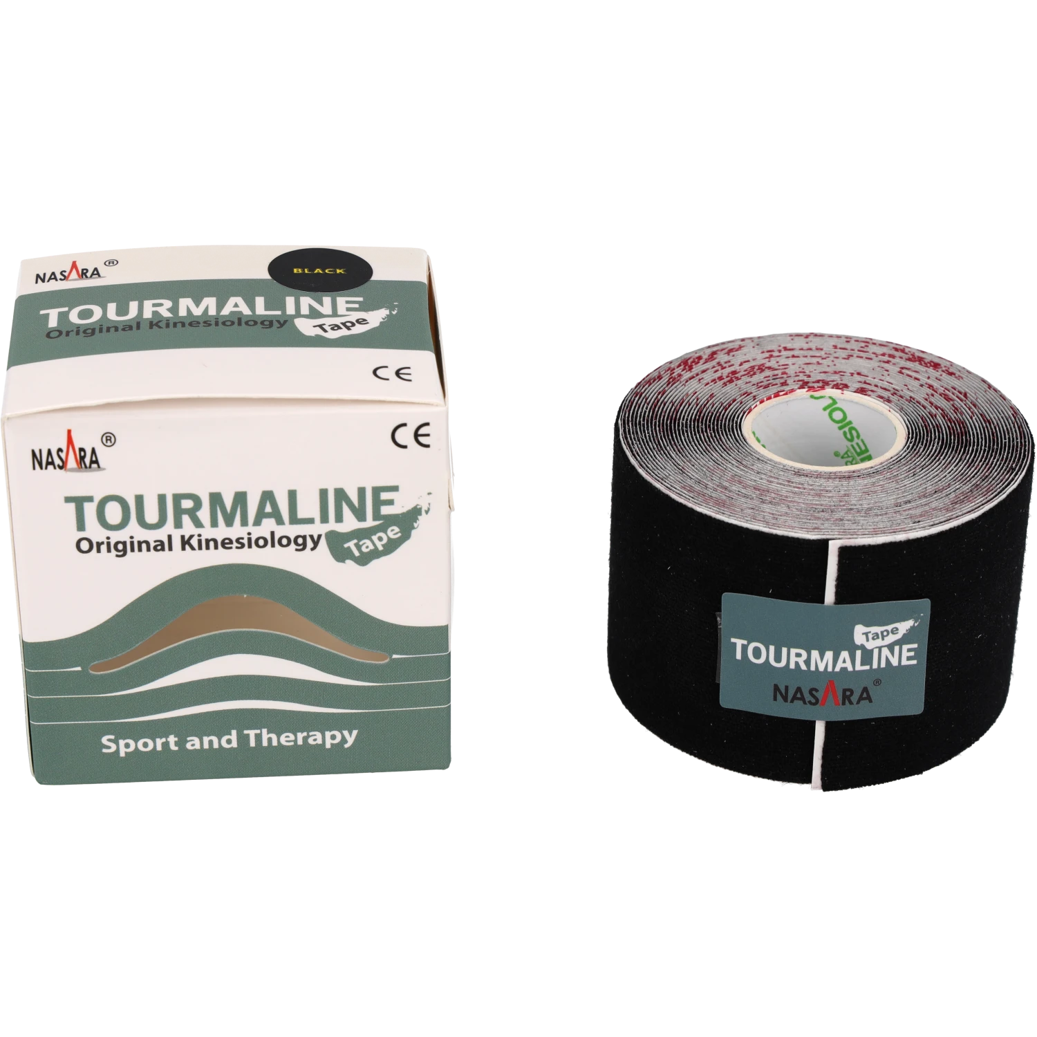 Nasara Tourmalin Kinesiologie Tape Schwarz Rolle neben Verpackung
