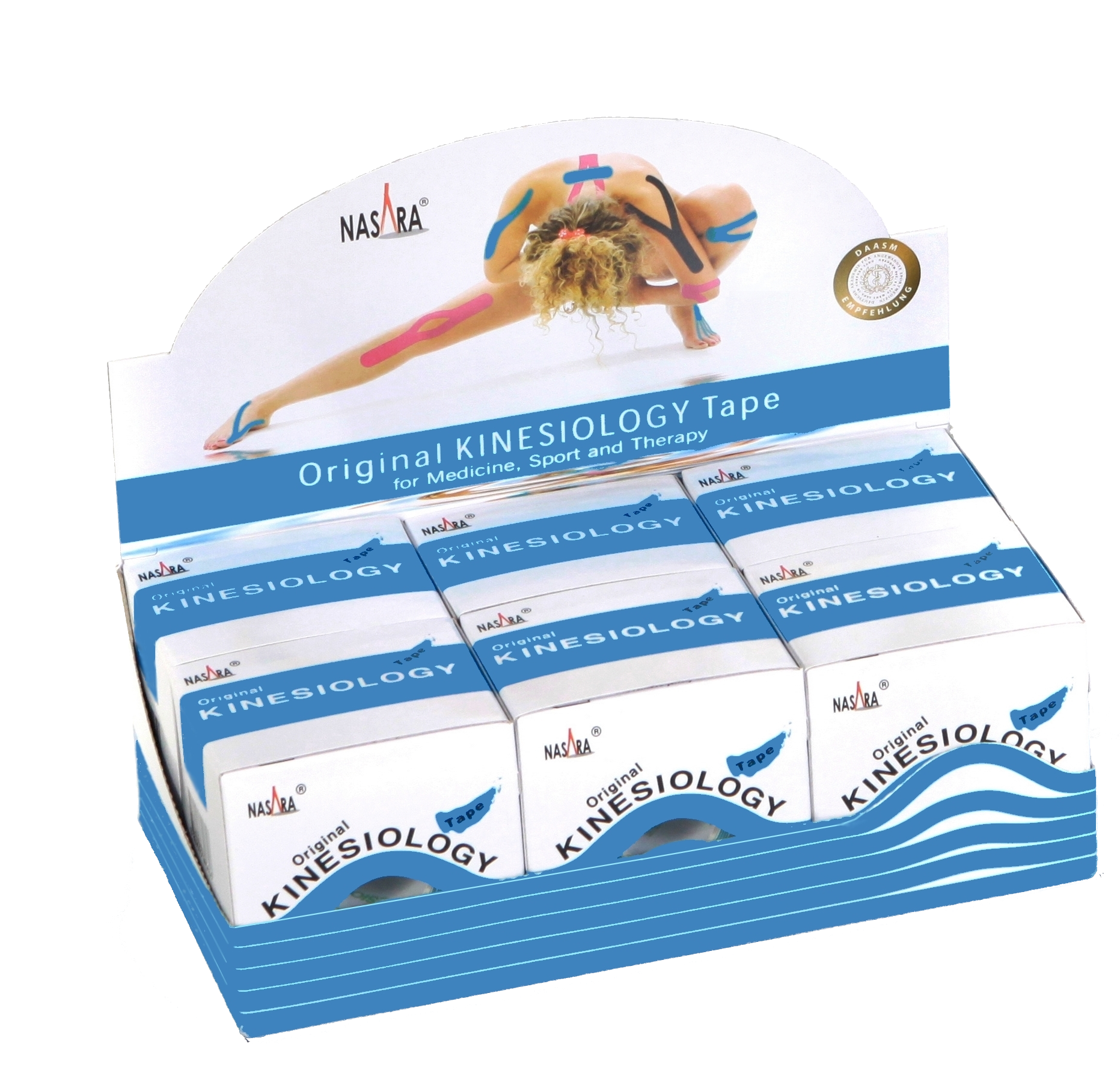 Nasara Kinesiologie Tape 6er Box Mittelblau offene Displaybox