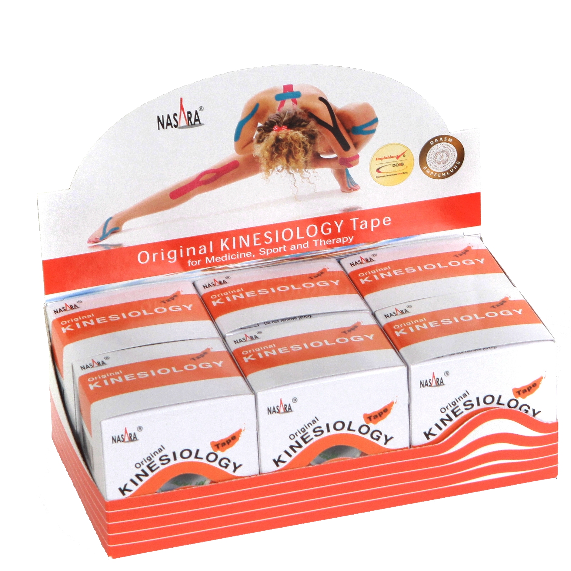 Nasara Kinesiologie Tape 6er Box Orange offene Displaybox