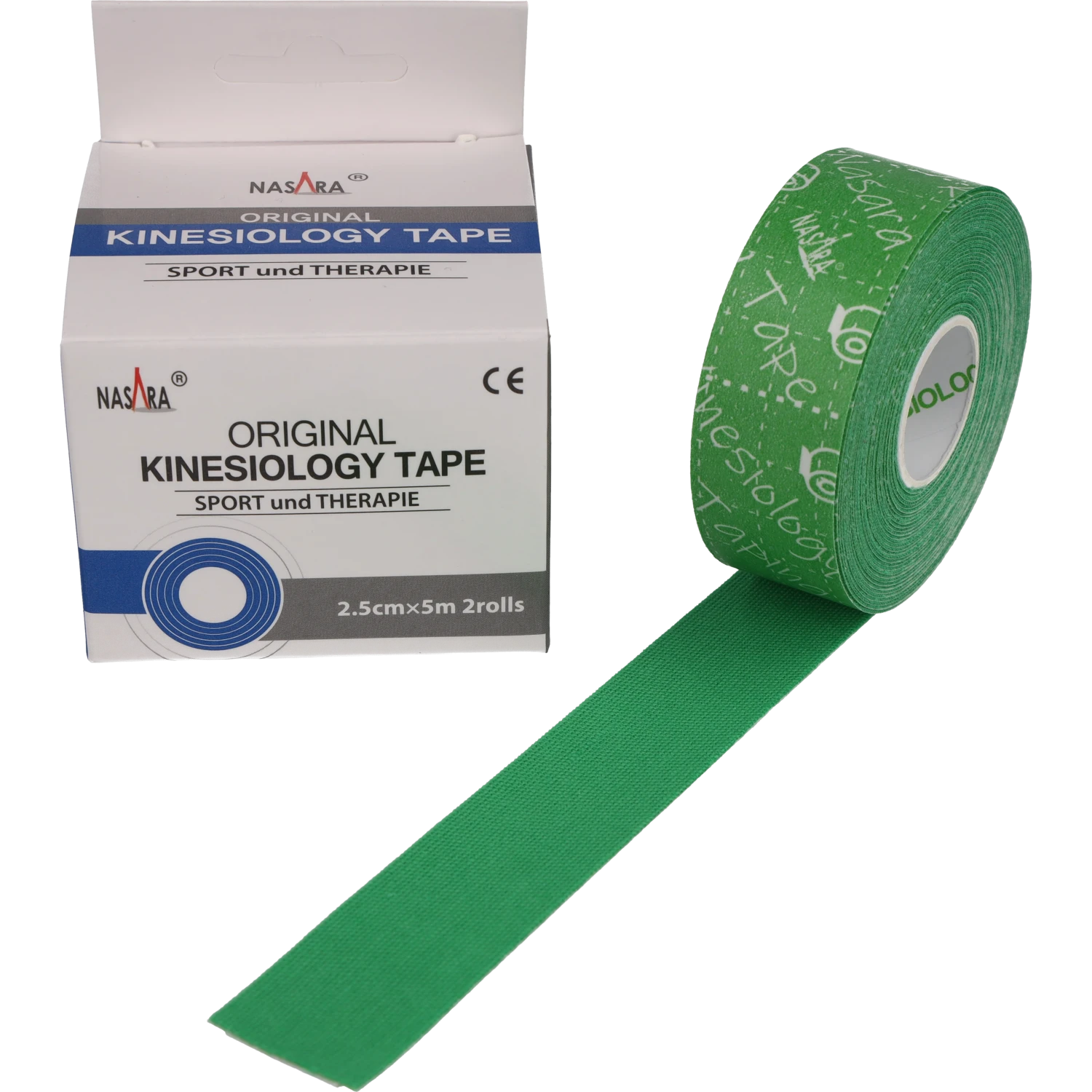 Nasara Kinesiologie Tape 2,5cm Grün Einzelrolle neben Verpackung