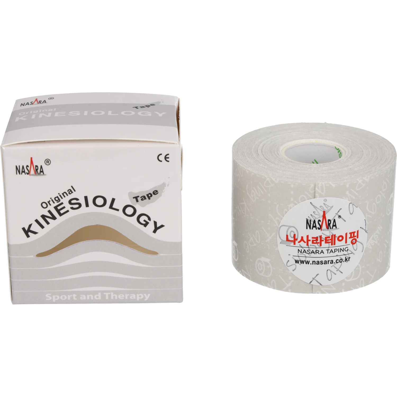 Nasara Kinesiologie Tape 5cm Weiss Einzelrolle zusammen neben Verpackung