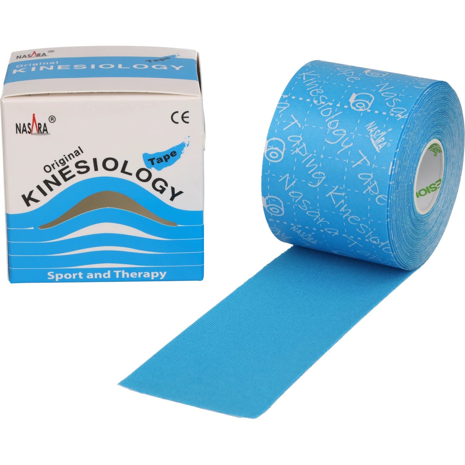 Nasara Kinesiologie Tape 5cm Türkis Einzelrolle abgerollt neben Verpackung