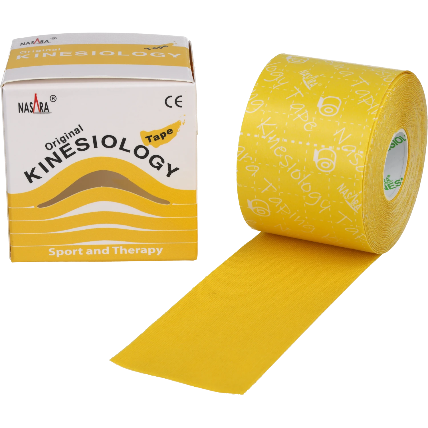 Nasara Kinesiologie Tape 5cm Gelb Rolle abgerollt neben Verpackung