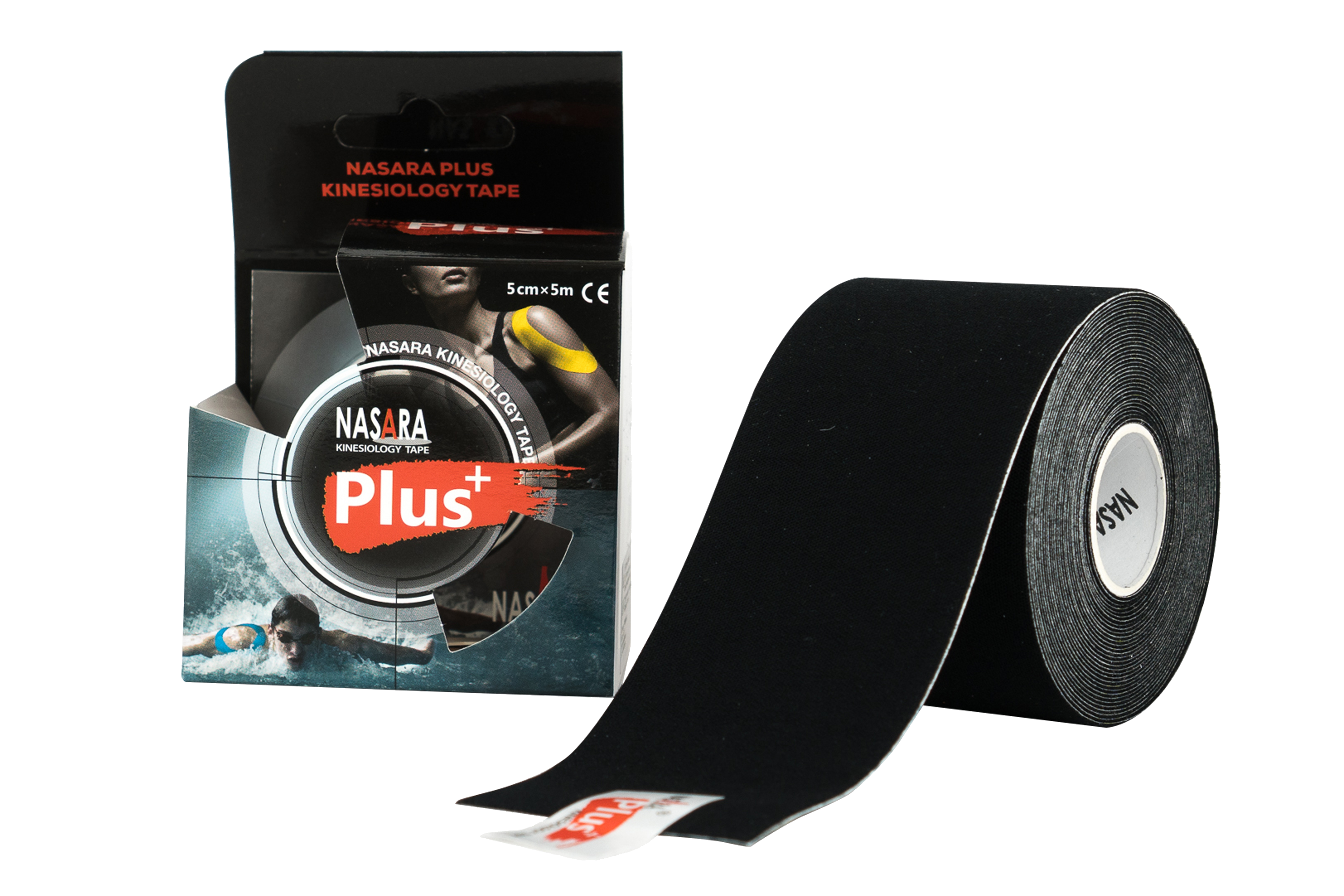 Nasara Kinesiologie Plus Tape Schwarz Rolle abgewickelt neben Verpackung