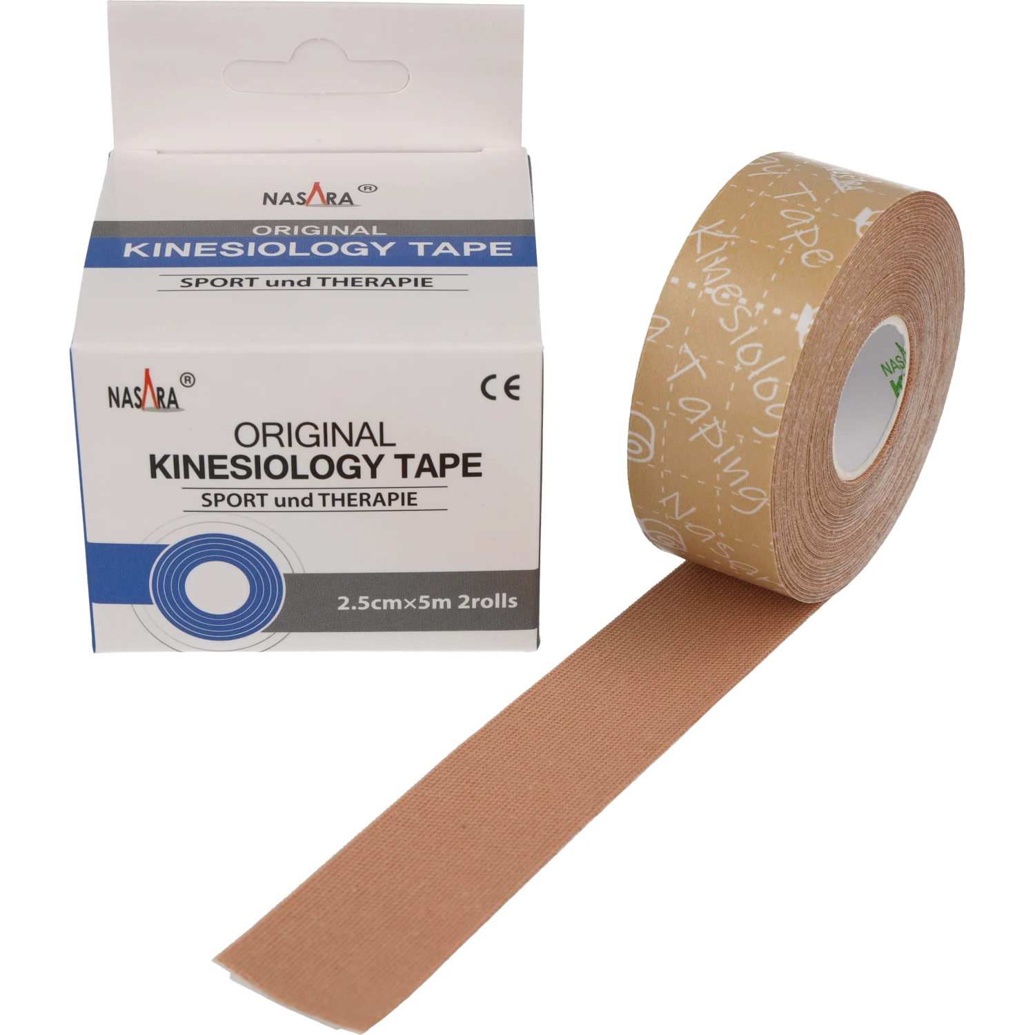 Nasara Kinesiologie Tape 2,5cm Beige Einzelrolle neben Verpackung