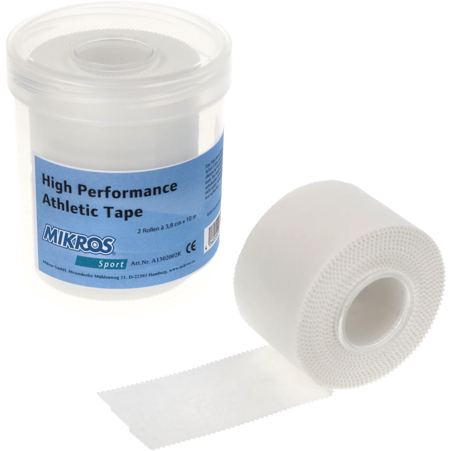 Mikros High Performance Athletic Tape Weiss 3,8cm 2-Rollen-Dose mit Einzelrolle davor