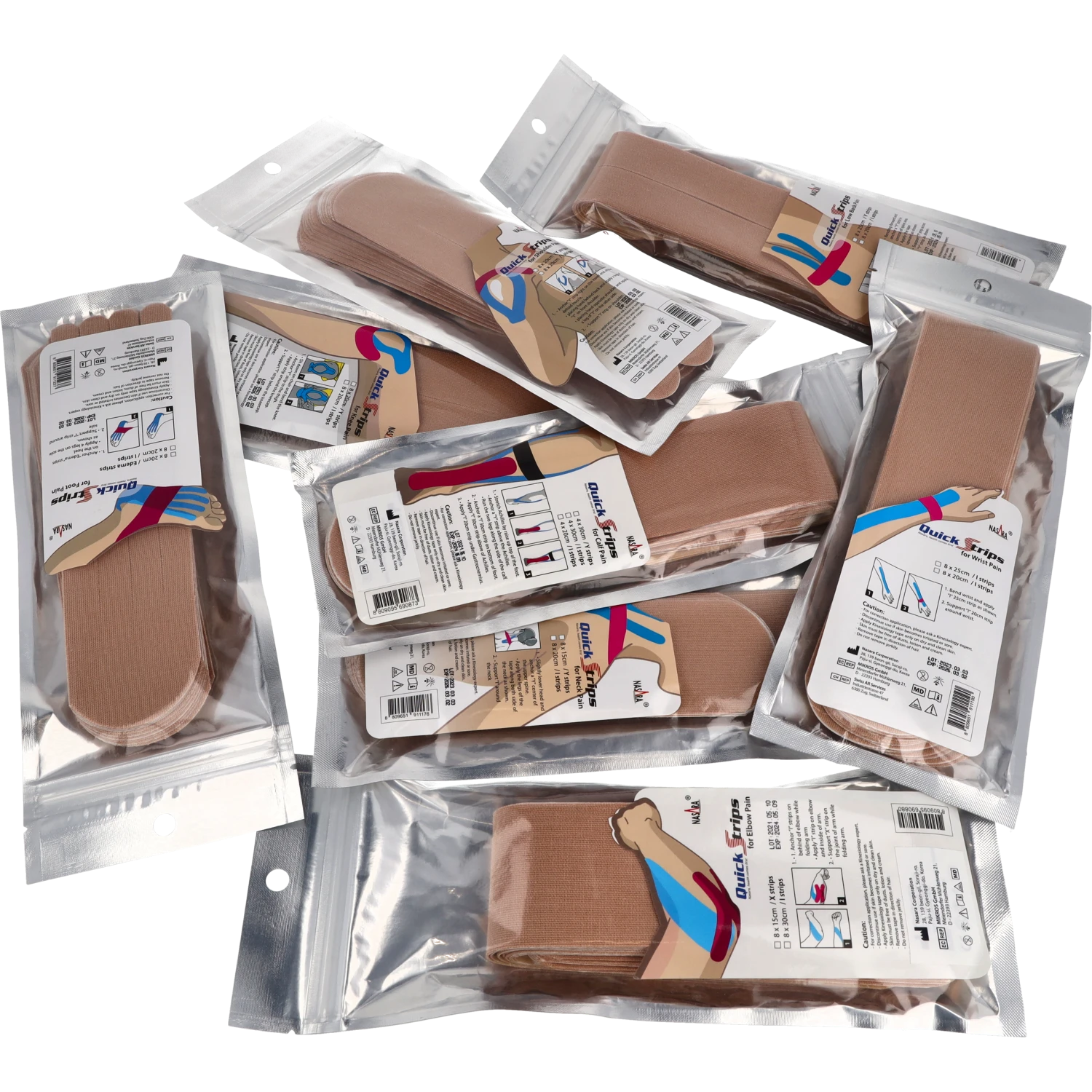 Nasara Kinesiologie Tape Pain Pack Beige alle Anwendungen Nasara Kinesiologie Tape Pain Pack Beige alle Anwendungen Verpackung Gruppenfoto