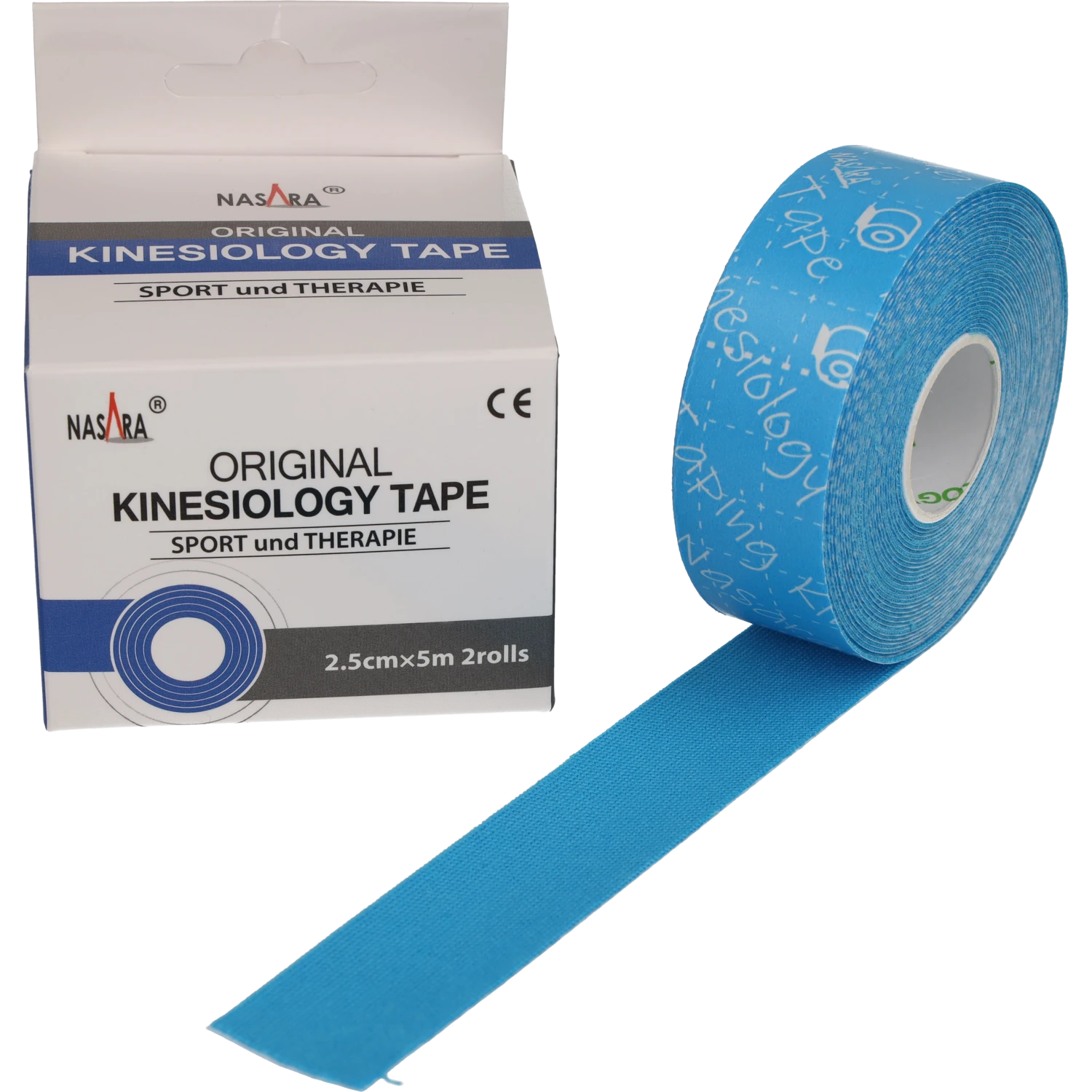 Nasara Kinesiologie Tape 2,5cm Türkis Einzelrolle neben Verpackung