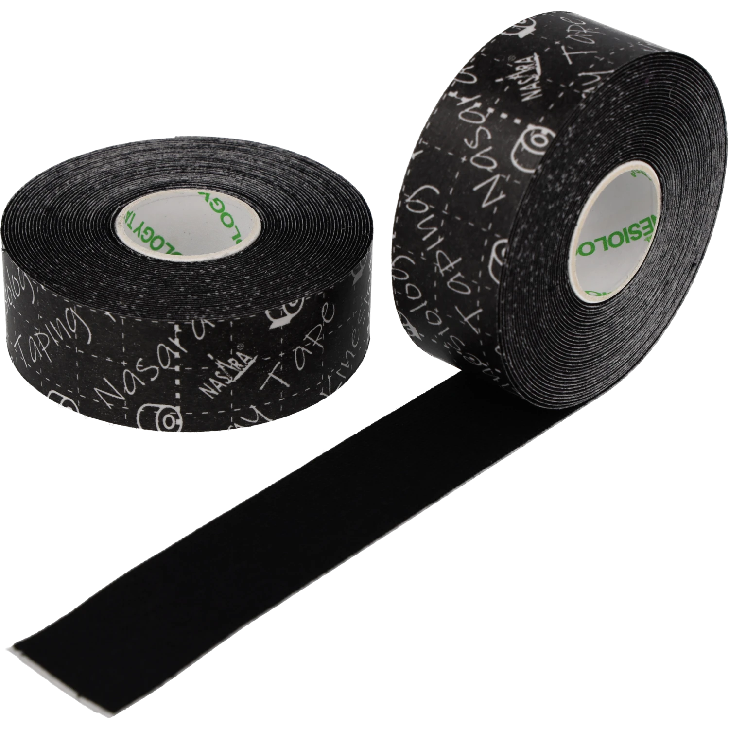 Nasara Kinesiologie Tape 2,5cm Schwarz zwei Einzelrollen nebeneinander