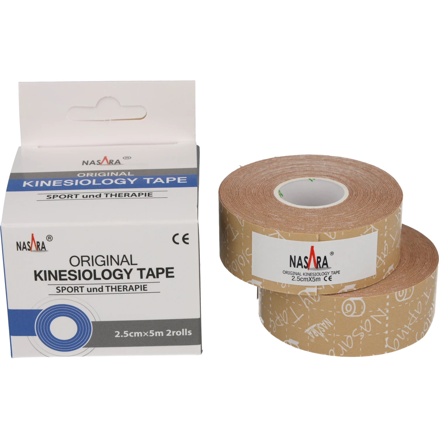 Nasara Kinesiologie Tape 2,5cm Beige zwei Einzelrollen neben Verpackung