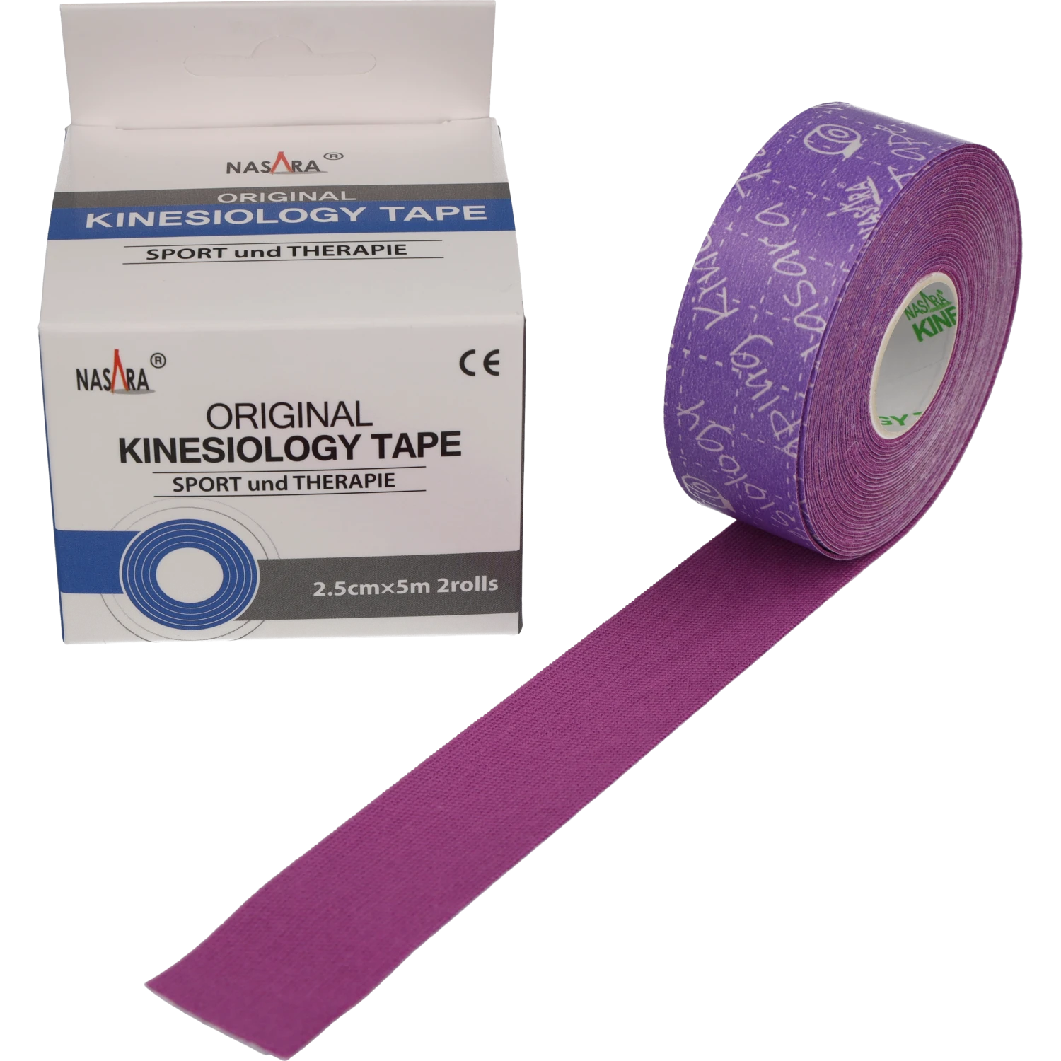 Nasara Kinesiologie Tape 2,5cm Lila Einzelrolle neben Verpackung