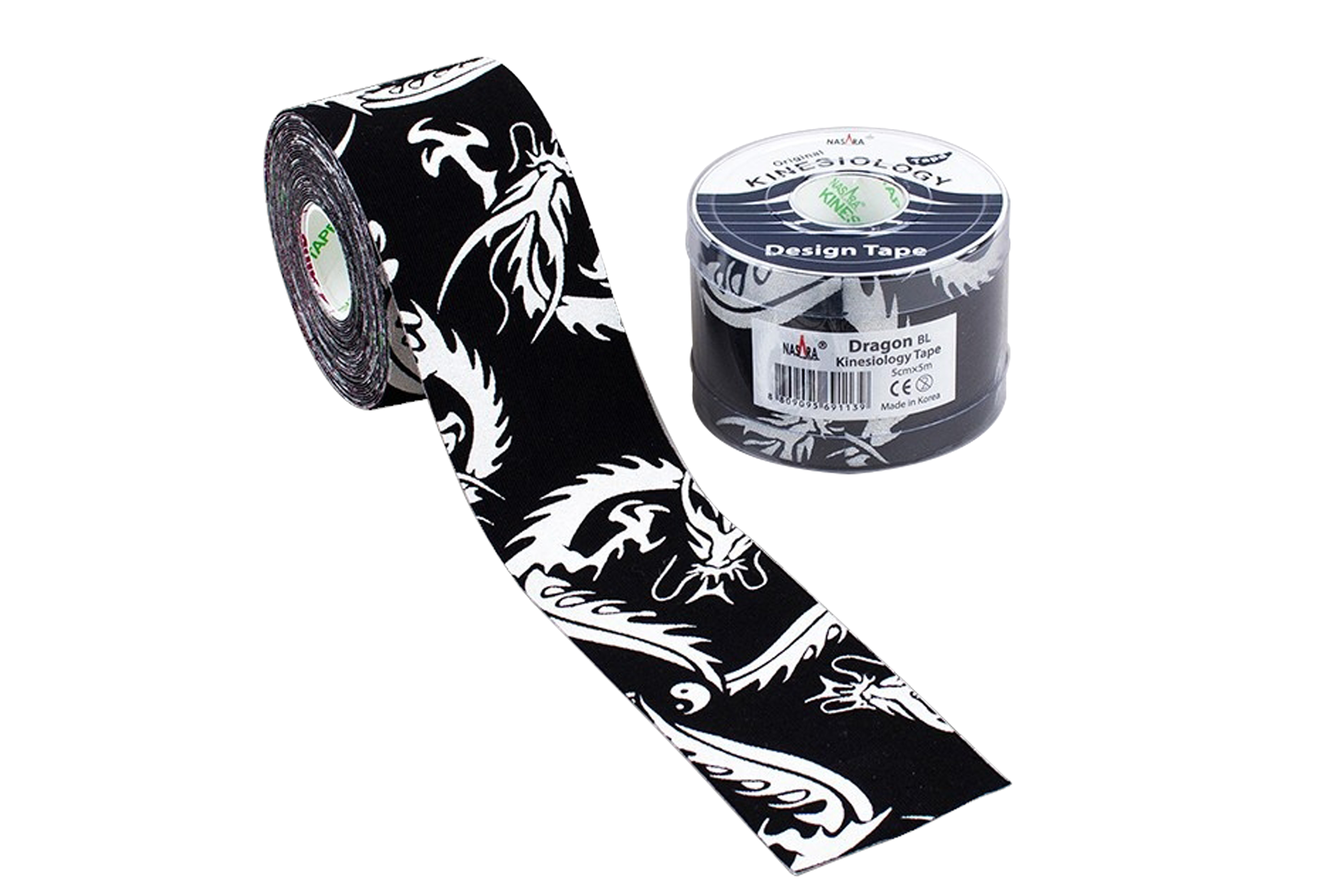 Nasara Dragon Tape Schwarz Rolle abgerollt neben Verpackung