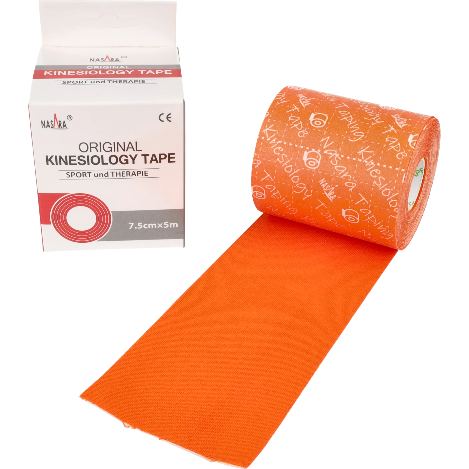 Nasara Kinesiologie Tape 7,5cm Orange Einzelrolle neben Verpackung