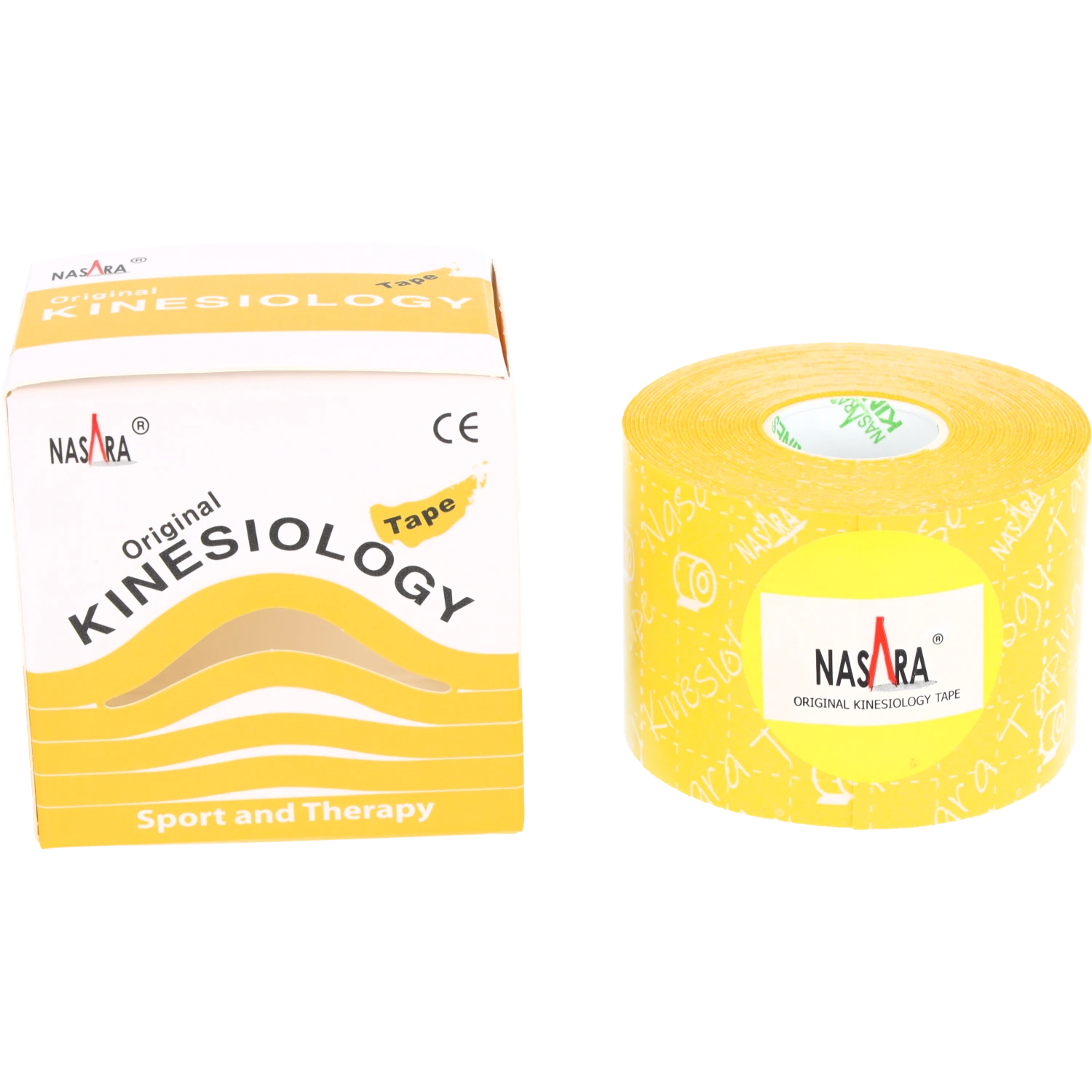 Nasara Kinesiologie Tape 5cm Gelb Einzelrolle zusammen neben Verpackung