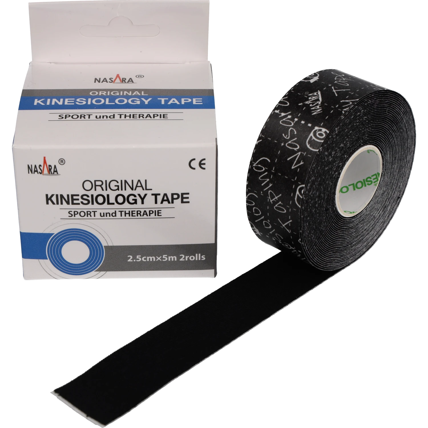 Nasara Kinesiologie 2,5cm Schwarz Einzelrolle neben Verpackung