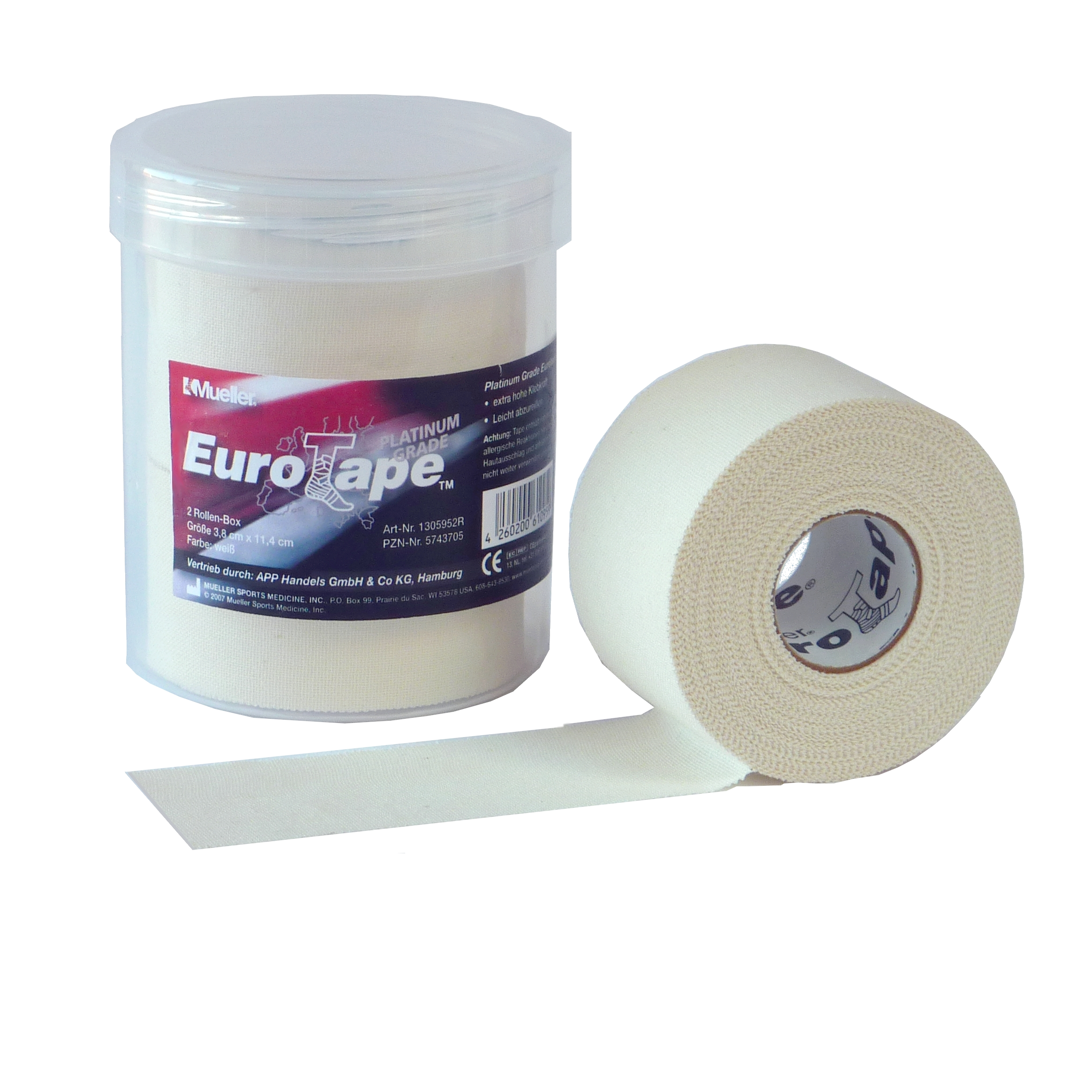 Mueller EuroTape Platinum Grade 3,8cm 2-Rollen-Physio-Dose mit Einzelrolle im Vordergrund