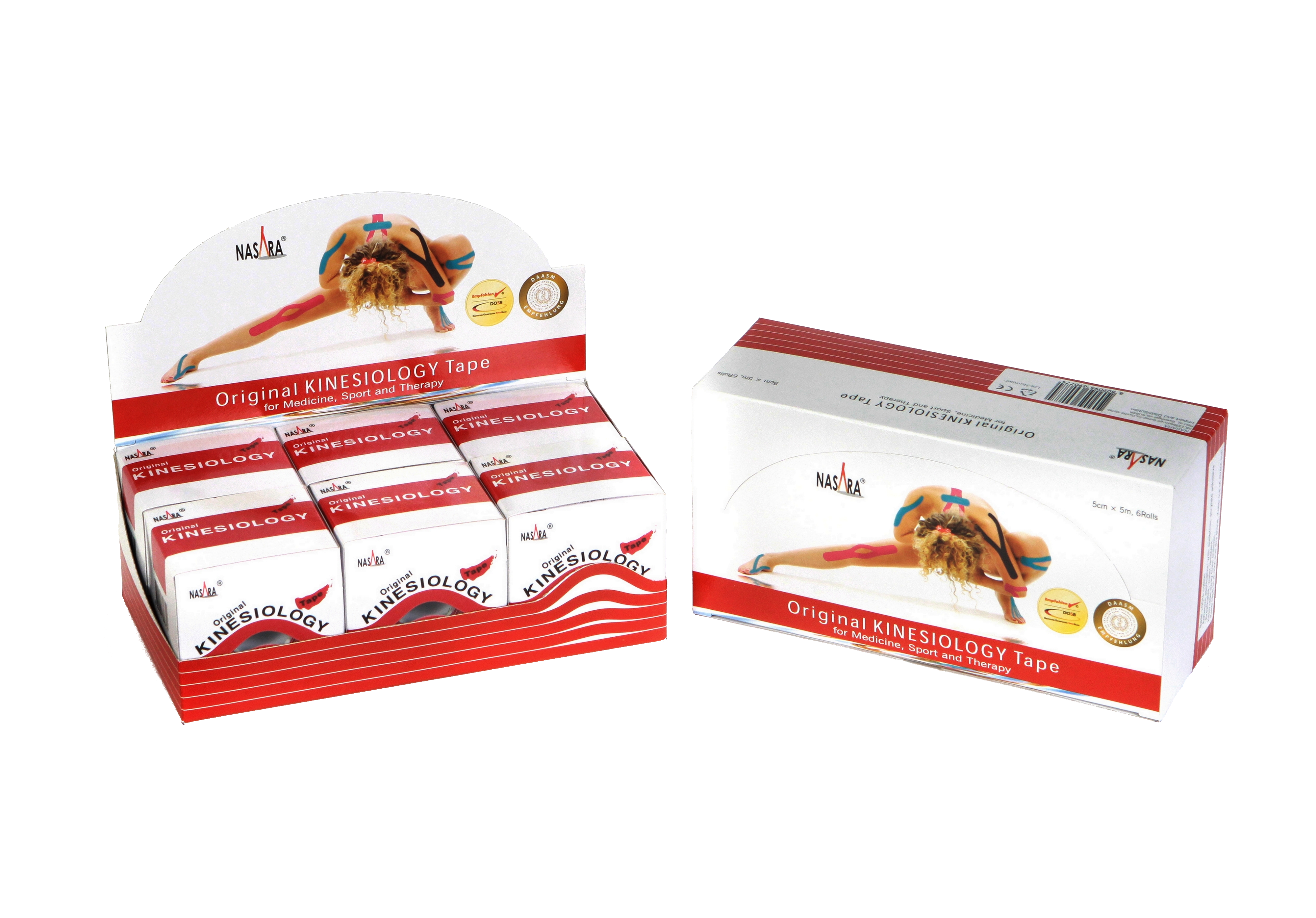 Nasara Kinesiologie Tape 6er Box Rot 2 Displayboxen nebeneinander